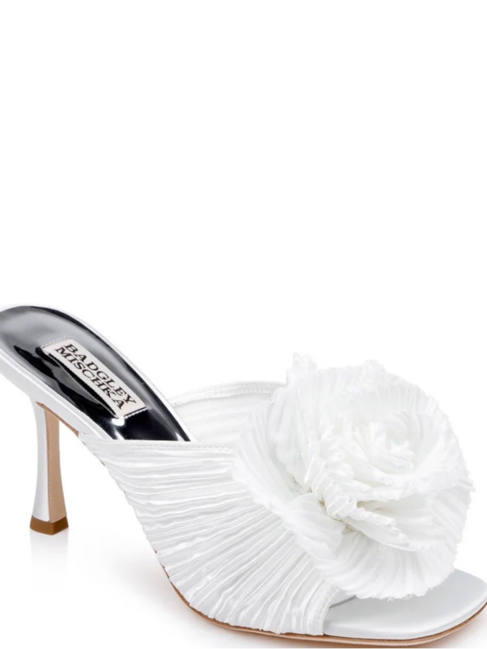 Badgley Mischka White Pleated Mule with Floral Rosette
